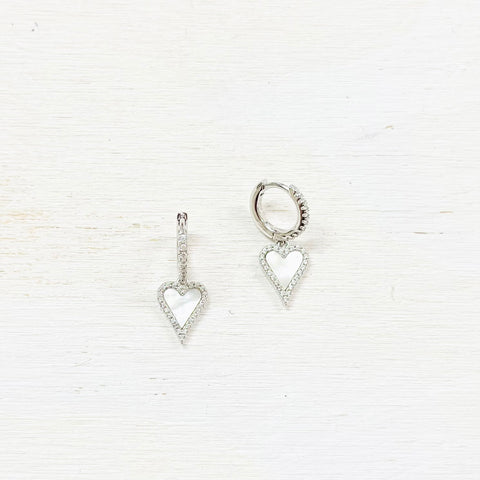 Sterling Silver CZ & Mother of Pearl Heart Dangle Earrings