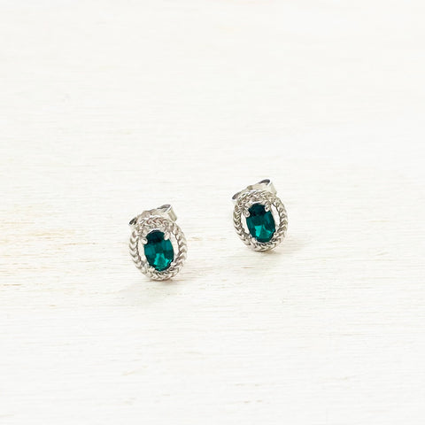 Sterling Silver Created Emerald Halo Stud