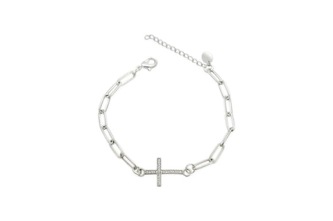 Linked Paper Clip Chain Pave Cross Bracelet