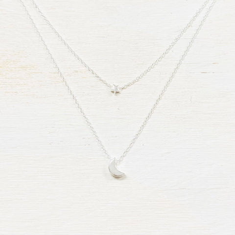SS Layered Moon & Star Necklace 16-18”