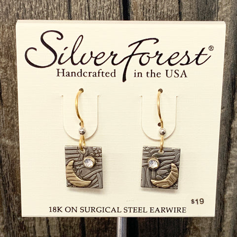 Silver and Gold Crescent Moon on Square Earrings