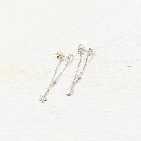 Sterling Silver Moon and Star Dangle Chain Earrings