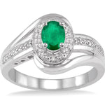 Sterling Silver Genuine Emerald and Diamond Ring
