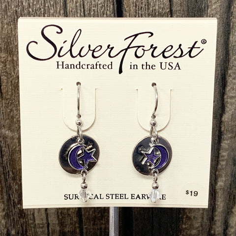 Silver and Purple Moon and Star Earrings