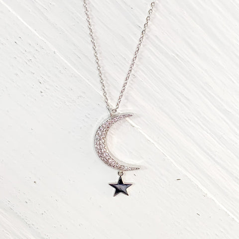 Silver Tone Moon & Star Pave Fashion Necklace