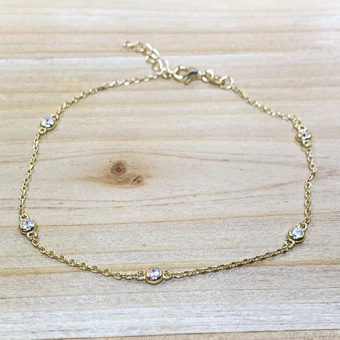Gold Tone CZ Ball Sterling Silver Chain Anklet