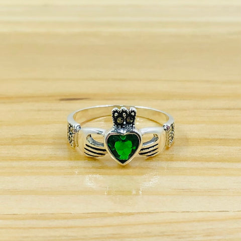 Sterling Silver Green Irish Claddagh Ring Size 6