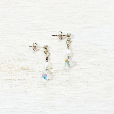 Sterling Silver Freshwater Pearl & Aurora Borealis Crystal Earrings
