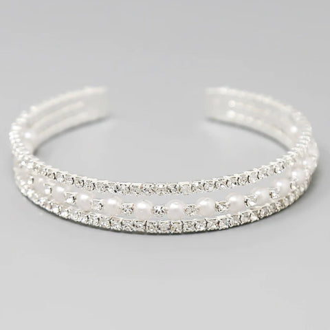 Fashion Pearl & Rhinestone Pave Cuff Bracelet