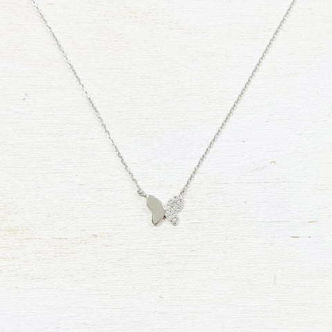 Sterling Silver Half CZ Butterfly Necklace