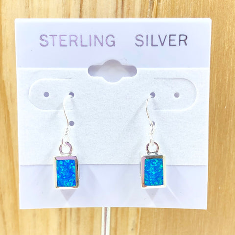 Sterling Silver Created Opal Rectangle Dangle Earrings