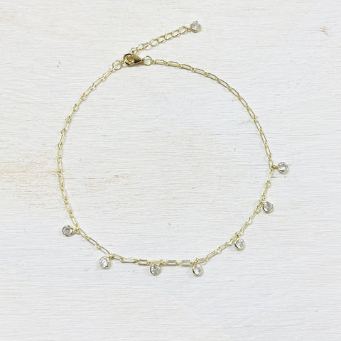 SS Gold Plated Paperclip CZ Dangle Anklet