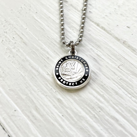 Small St. Christopher Surf Necklace, Silver-black