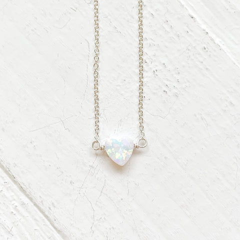 SMALL OPAL HEART NECKLACE STERLING SILVER - WHITE