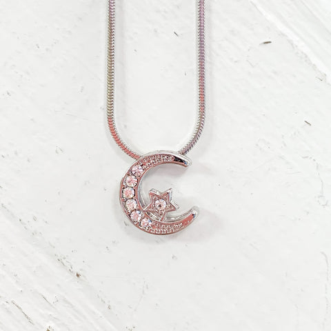 Pave Moon & Star Snake Chain Fashion Necklace