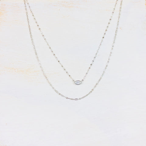 Sterling Silver Fine Double Strand Necklace w/ Marquise Shape Center CZ