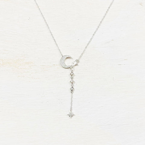 SS CZ Moon and Star Dangle Necklace 16-18”