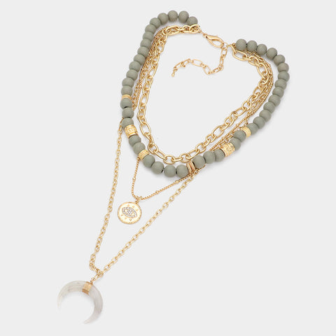 Fashion Layered Evil Eye and Horn Grey Necklace