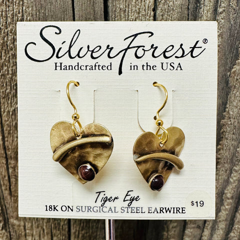 Silver Forest Heart Tiger Eye Earrings