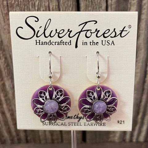 Silver Forest purple flower circle earrings
