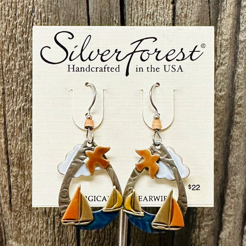 Silver Forest Boat Scene Earrings