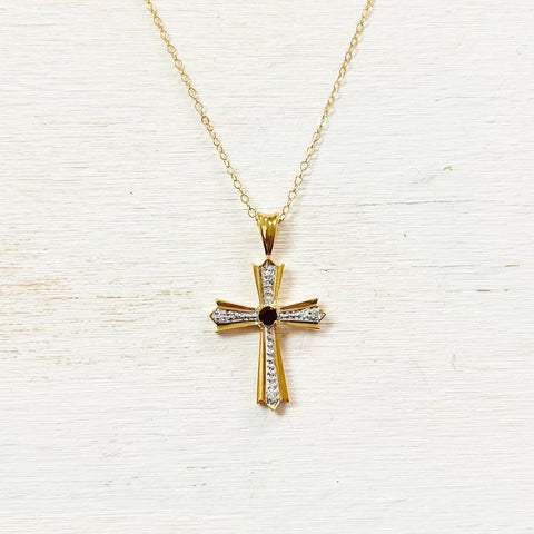 Sterling Silver Gold Plated Cross Necklace w/ Red Stone