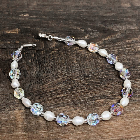 Sterling Silver Freshwater Pearl & Aurora Borealis Crystal Bracelet