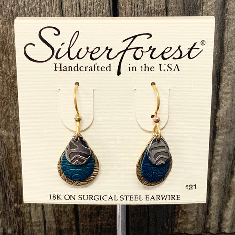 Silver, Gold, and Blue Layered Teardrop Earrings