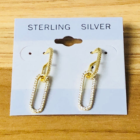 Sterling Silver Gold Plated Paperclip Dangle with CZ accent Earrings