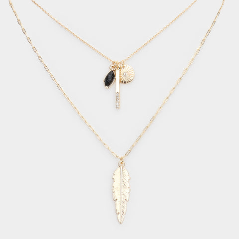 Fashion Gold Tone Layered Feather Necklace