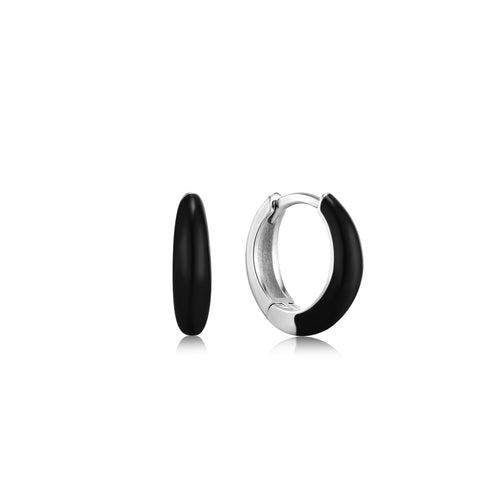 Raven Black Enamel Silver Sleek Huggie Hoops