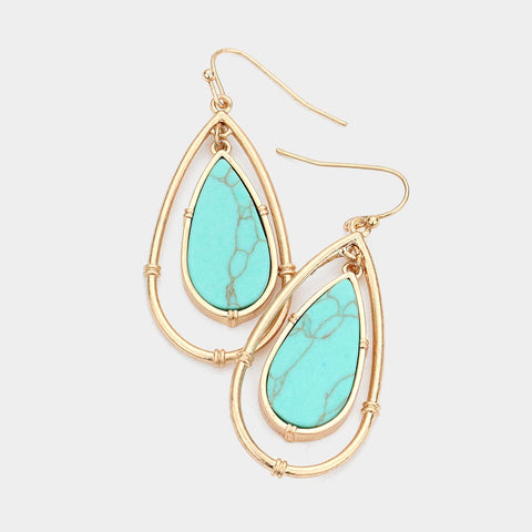 Fashion Gold Tone Teardrop Turquoise Stone Earrings