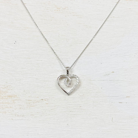 SS Heart Half CZ Necklace 18”