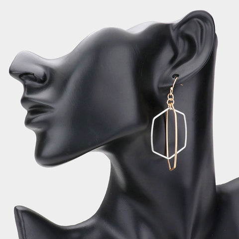 Fashion Two Tone Double Hexagon Dangle Earrings