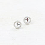 Sterling Silver Children’s CZ Circle Cross Earrings