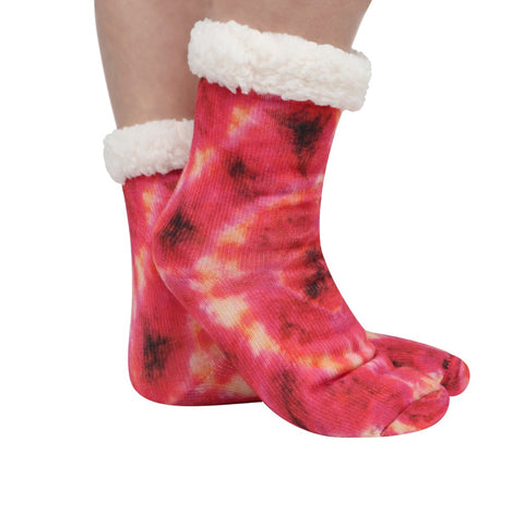 Rainbow Tie Dye Sherpa Lined Socks- Red