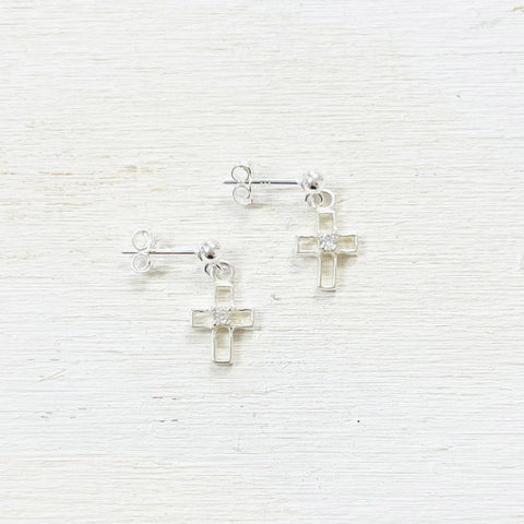 Sterling Silver Dangle Cross Earrings with CZ