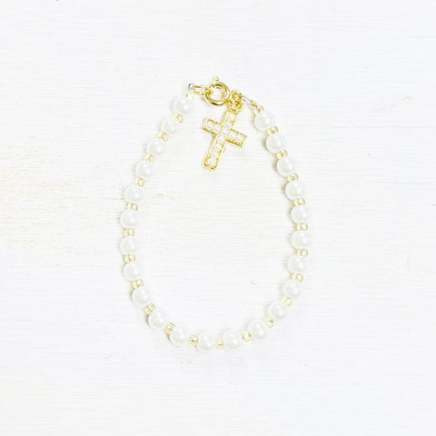 Children’s Gold Tone Pearl & Cross Bracelet