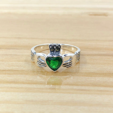 Sterling Silver Green Irish Claddagh Ring