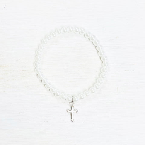 Children’s Stretch Pearl Bracelet w/ Cross