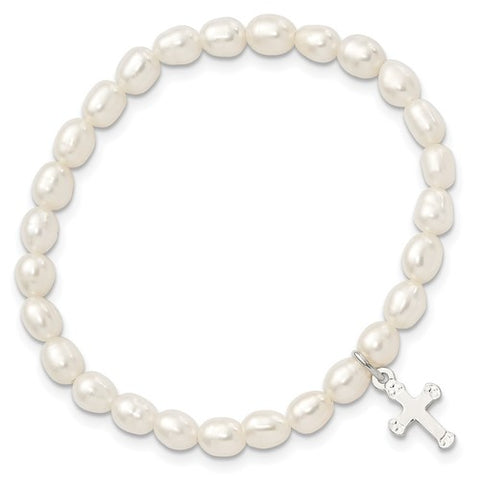 Sterling Silver Freshwater Cultured Pearl w/ Cross Children’s Stretch Bracelet