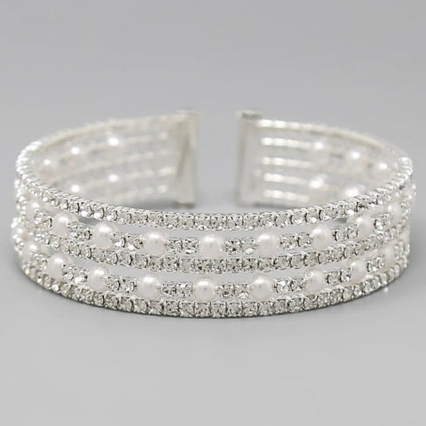 Fashion Pearl & Rhinestone Pave Cuff Bracelet