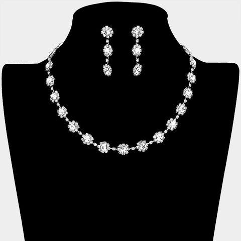 Fashion Silver Tone Rhinestone Floral Necklace and Earring Set