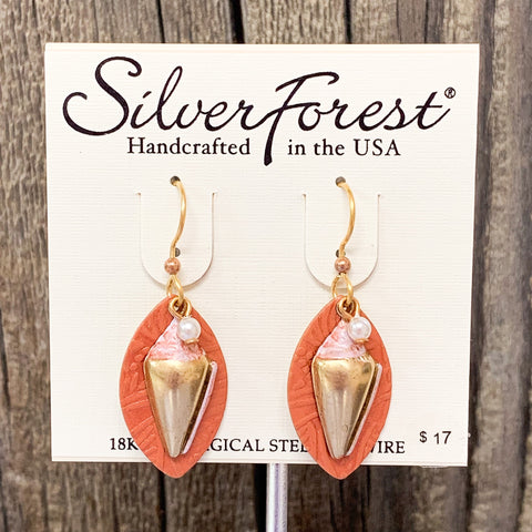 Coral Conch Shell Silver Forest Earrings