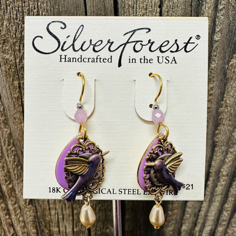 Silver Forest Purple Hummingbird Earrings