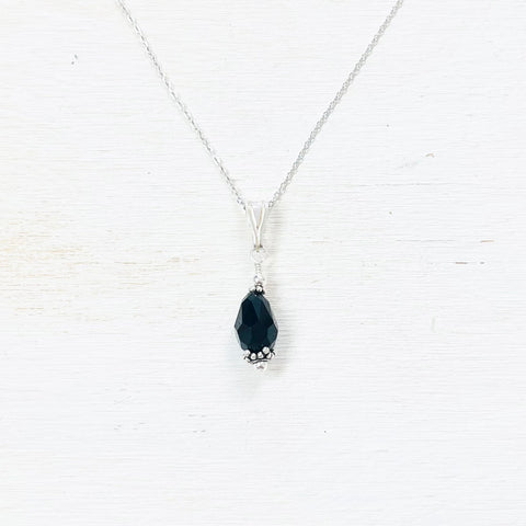 Sterling Silver Black  Crystal Teardrop Necklace