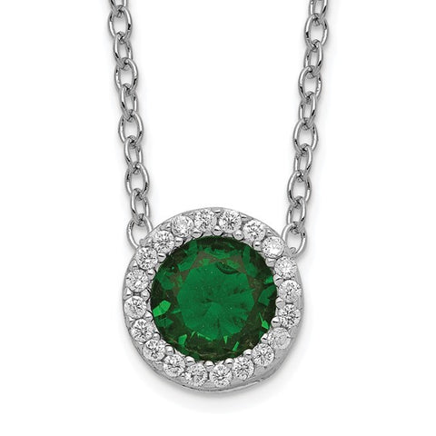 Sterling Silver May Green Glass and CZ Halo Necklace