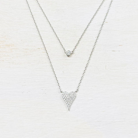 SS Layered CZ Heart Necklace 16-18”