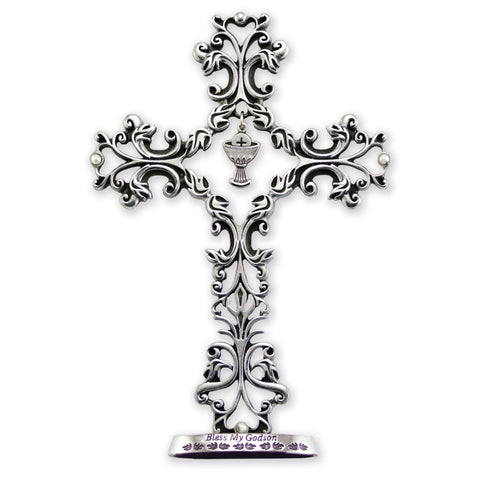 Filigree Godson Communion Standing Cross Silver-tone