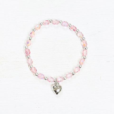 Sterling Silver Children’s Pink Crystal Bracelet w/ Heart Charm